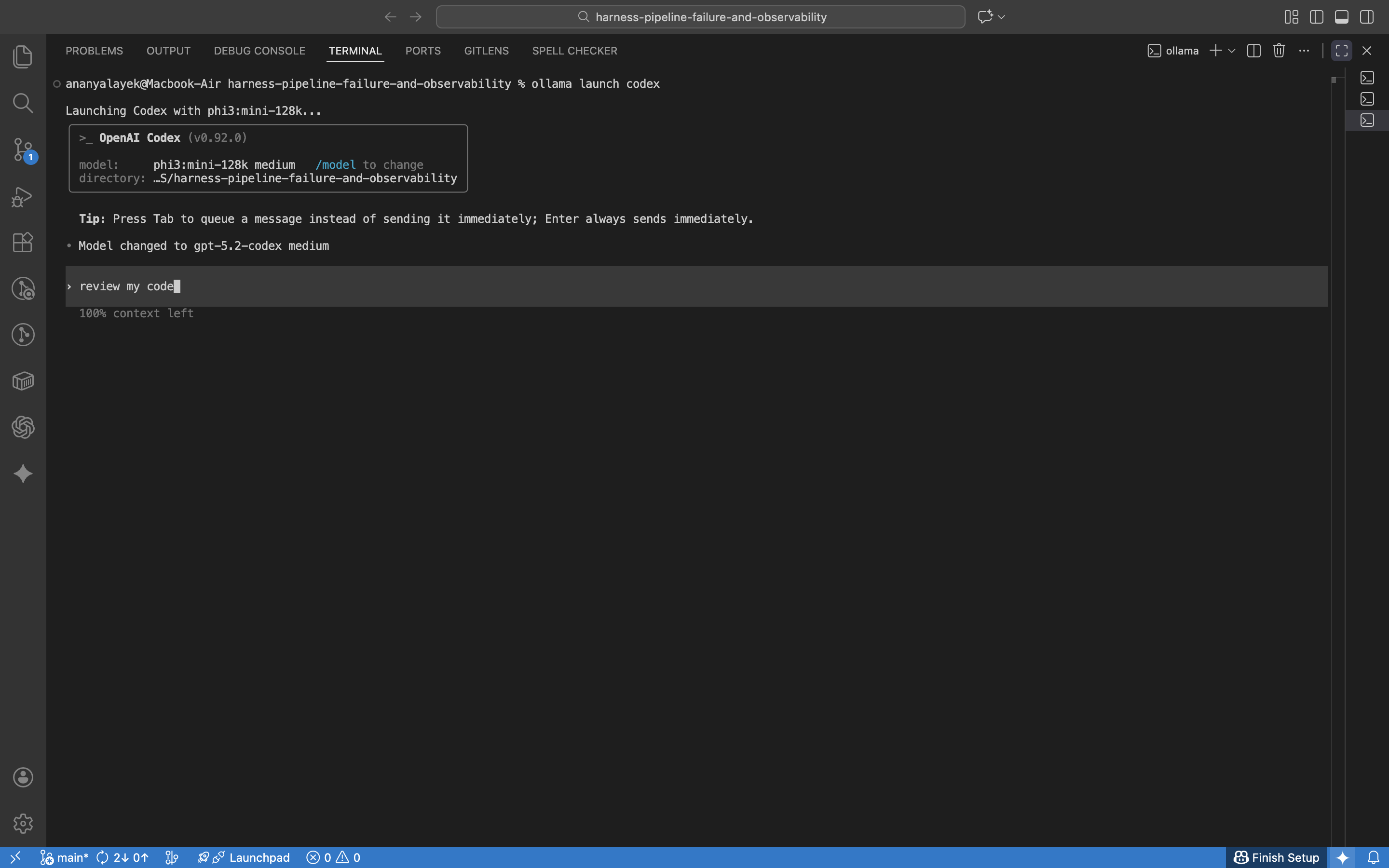 Terminal showing Codex running after ollama launch codex.