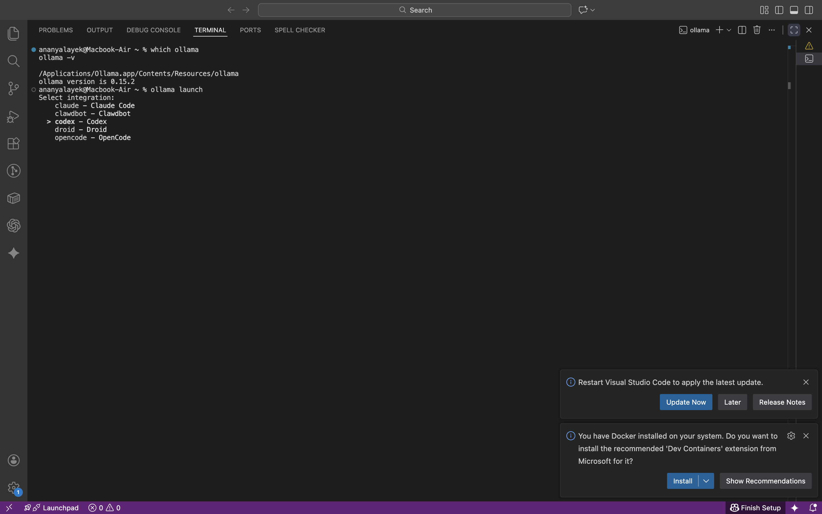 Ollama launch integration menu listing Claude, Codex, Droid, and OpenCode.