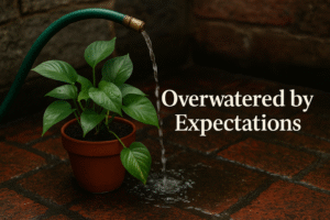 A grayscale photo of a drooping pothos plant in a pot, surrounded by four bright red watering cans labeled Success, Stability, Perfection, and Hustle—symbolizing burnout from overexposure to societal pressures.