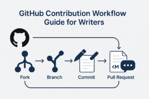 Visual illustration of the GitHub workflow for writers, showing steps like forking, branching, committing, and creating pull requests with writing elements.