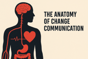 A conceptual illustration of human anatomy blended with organizational systems, symbolizing the internal structure of change communication