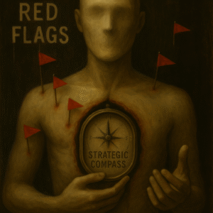 A surreal oil painting of a faceless human figure against a dark, shadowy backdrop. Red flags are pinned into the skin across the figure’s chest and shoulders, symbolizing emotional or psychological warnings. At the center of the chest, a circular compass is embedded into the body, with the words “Strategic Compass” inscribed on it. The composition evokes a haunting transition from internal chaos to guided clarity.